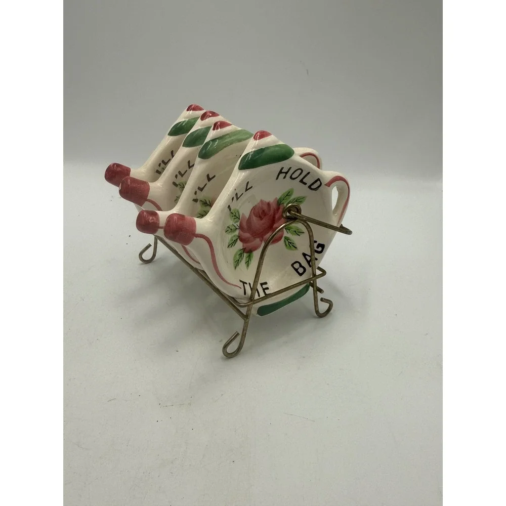 Cardinal Ceramic Tea Bag Holder Set of 4 with Metal Rack I'll Hold The Bag Rose